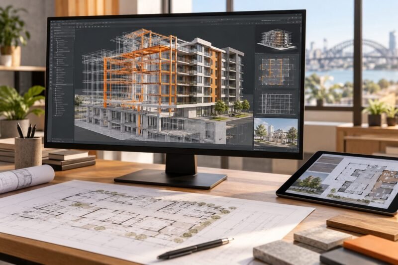 Monitor showing a 3D building information model beside printed floor plans