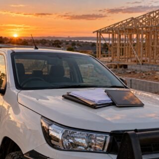 Work ute with paperwork on the bonnet beside a timber-framed house under construction