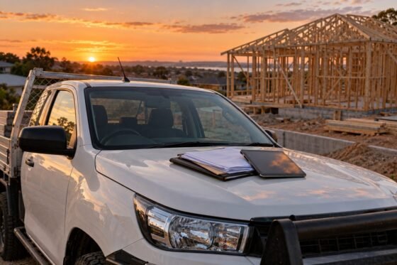 Work ute with paperwork on the bonnet beside a timber-framed house under construction