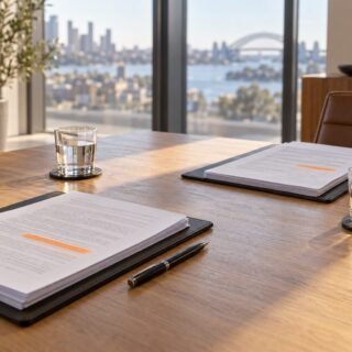 Two sets of contract documents with a highlighted clause on a meeting room table