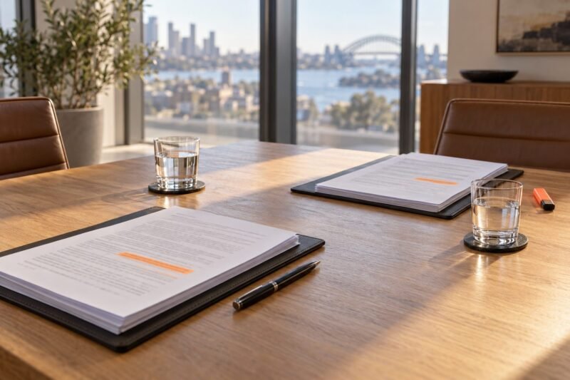 Two sets of contract documents with a highlighted clause on a meeting room table