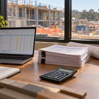 Laptop with a cost spreadsheet, subcontract documents and a calculator with a construction site through the window