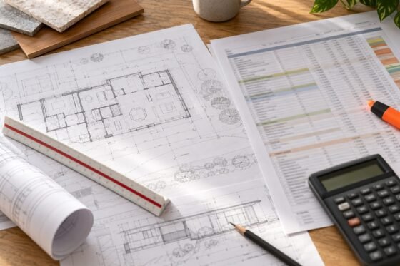 Architectural drawings and a cost plan printout with a scale rule and calculator