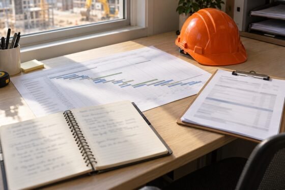 Construction programme chart, site diary and progress claim paperwork with a hard hat