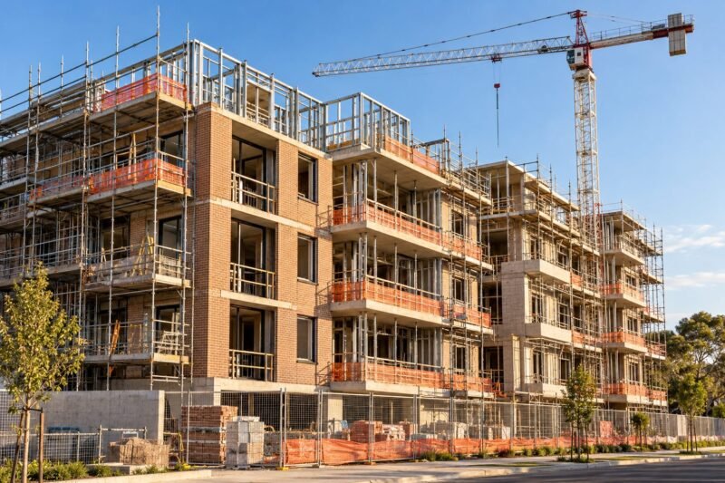 Residential apartment building under construction with scaffolding and a crane