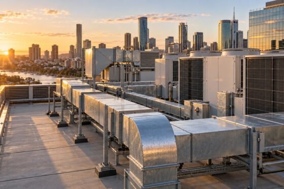 Air conditioning units and ductwork on a commercial building roof with the city behind
