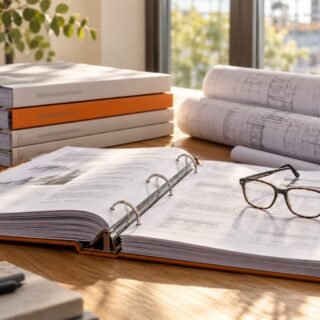 Bound tender documents, a specification binder and rolled drawings on a desk