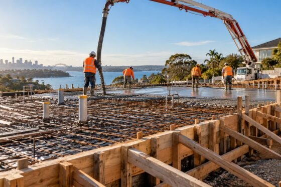 Concrete pour with formwork and reinforcement on a residential building site